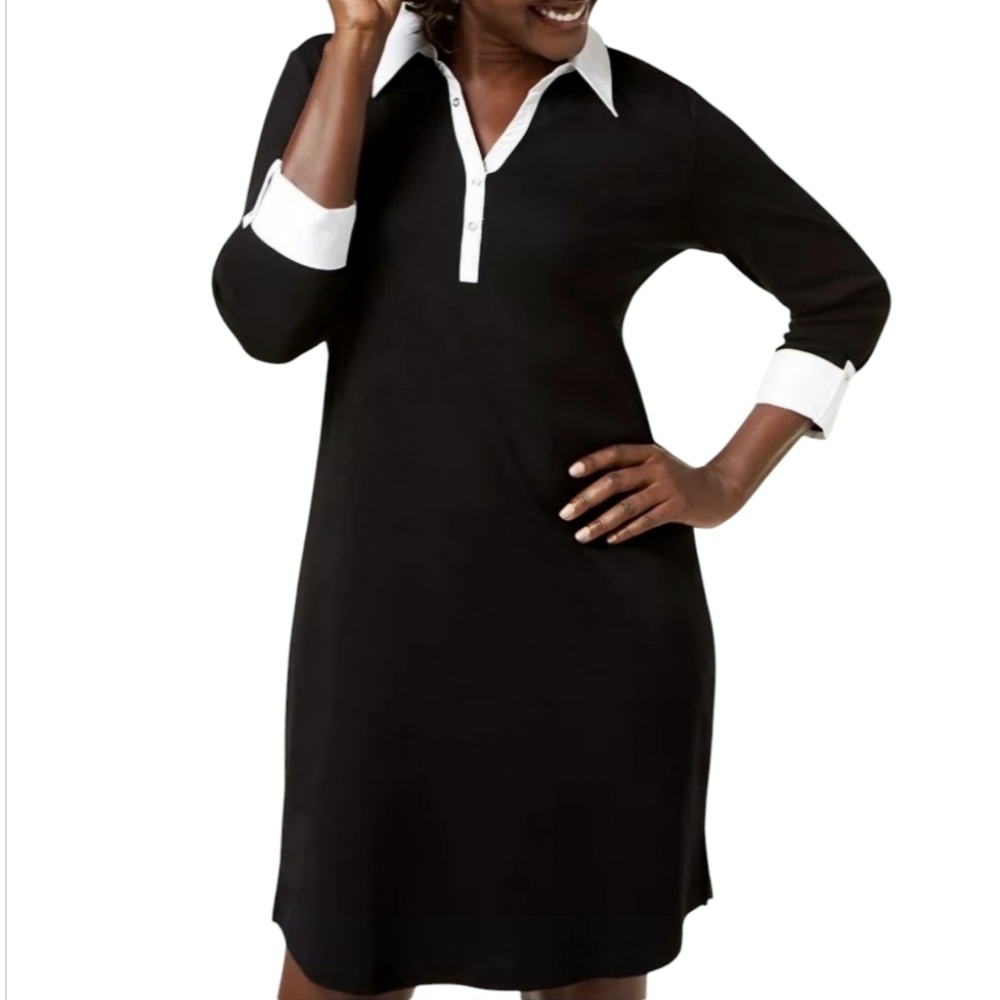 Karen Scott Sport Cotton Black 3/4 Sleeve Collared Shirt Dress Plus Size 2X